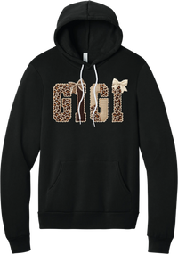 Grandma Leopard Applique hoodie in Black, featuring GIGI spelled out in leopard, cream, and chocolate patches with a scalloped stitched applique look and two bows