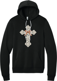 Vintage Lace Cross hoodie in Black, featuring a cream floral lace cross tied with an orange gingham bow