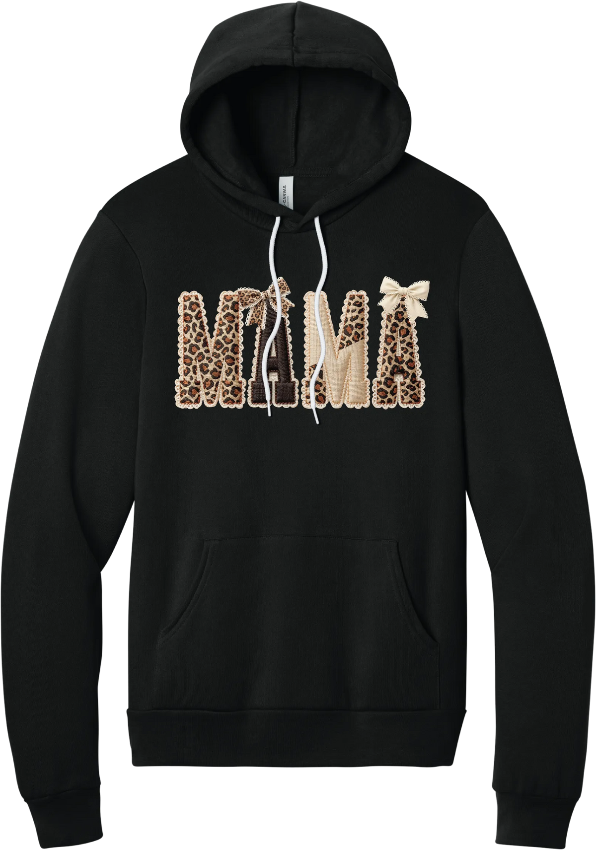 Mama Leopard Applique hoodie in Black, featuring MAMA spelled out in leopard, cream, and chocolate patches with a scalloped stitched applique look and two bows