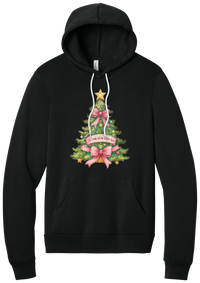 Adore Him Bow Tree hoodie in Black, featuring a green Christmas tree with pink bows, a gold star, and an Oh Come Let Us Adore Him banner
