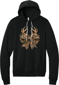 Coquette Antlers hoodie in Black, featuring deer antlers tied with an oversized camo bow, twine, and autumn leaves