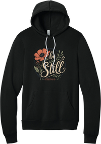 Be Still hoodie in Black, featuring Be Still in hand lettered script with a coral poppy, greenery, and Psalm 46:10