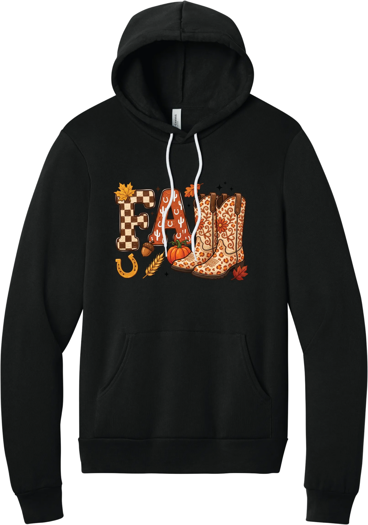 Boot Weather hoodie in Black, featuring patchwork FALL letters with cowgirl boots, a pumpkin, and a horseshoe