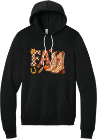 Boot Weather hoodie in Black, featuring patchwork FALL letters with cowgirl boots, a pumpkin, and a horseshoe