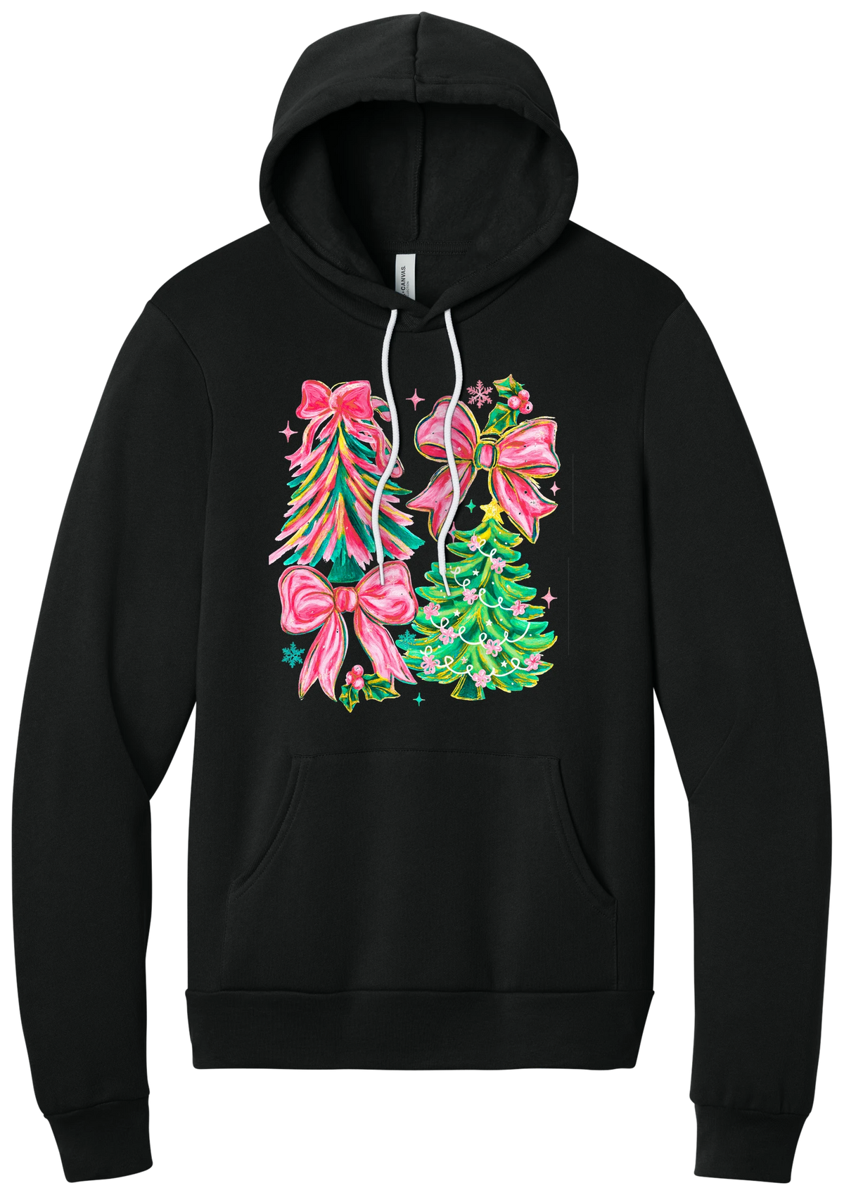 Christmas Tree Bows hoodie in Black, featuring painted pink and green Christmas trees with big pink satin bows