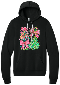Christmas Tree Bows hoodie in Black, featuring painted pink and green Christmas trees with big pink satin bows