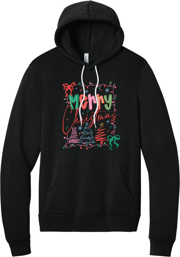 Coquette Merry Christmas Outline hoodie in Black, featuring Merry Christmas bubble letters and script framed by string lights, coquette bows, and sketched Christmas trees