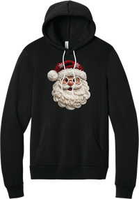 Crocheted Santa hoodie in Black, featuring a yarn-textured Santa face with a chunky cream beard, round glasses, and a red knit hat with snowflakes and a pom-pom