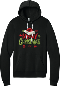 Crocheted Santa Hat Merry Christmas hoodie in Black, featuring a knit Santa hat over chunky red and green knit-texture Merry Christmas lettering with crochet snowflakes