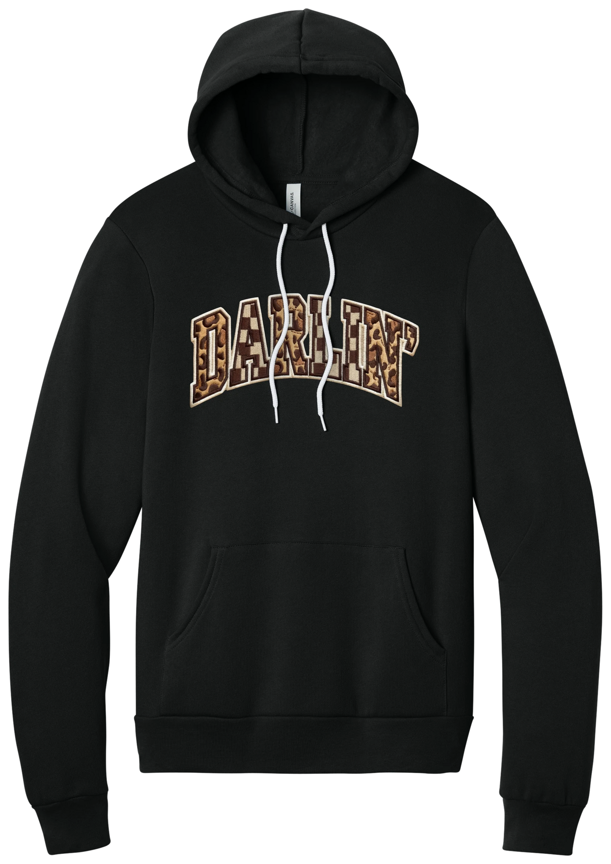 Darlin' hoodie, Patchwork design, in Black, featuring arched varsity DARLIN' letters filled with leopard and checker print