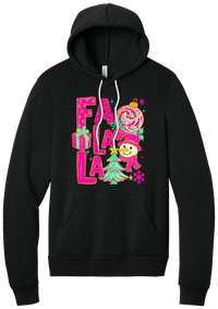 Fa La La Snowman hoodie in Black, featuring stacked hot pink FA LA LA letters with a snowman, a tinsel tree, gifts, and ornaments