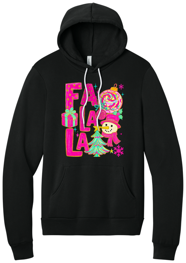 Fa La La Snowman hoodie in Black, featuring stacked hot pink FA LA LA letters with a snowman, a tinsel tree, gifts, and ornaments