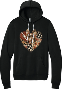 For the Love of Football hoodie in Black, featuring a patchwork heart in leopard, plaid, and checkerboard with a football and a cream bow