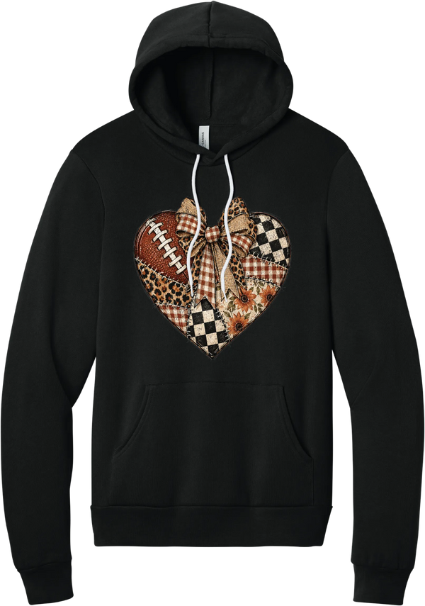 For the Love of Football hoodie in Black, featuring a patchwork heart in leopard, plaid, and checkerboard with a football and a cream bow