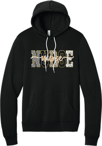 Glitzy Patterned Nurse hoodie in Black, featuring NURSE block letters in checkerboard, leopard, and polka dot patterns with a gold glitter outline and nurse script
