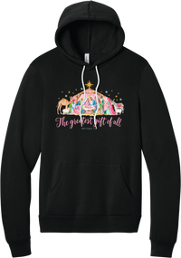 The Greatest Gift of All hoodie in Black, featuring a pastel watercolor nativity scene under the star with The Greatest Gift of All script and Matthew 1:21