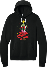 Hand Script Merry Christmas Tree hoodie in Black, featuring loopy hand-drawn script in red, pink, and green forming a Christmas tree with a gold star and sparkles