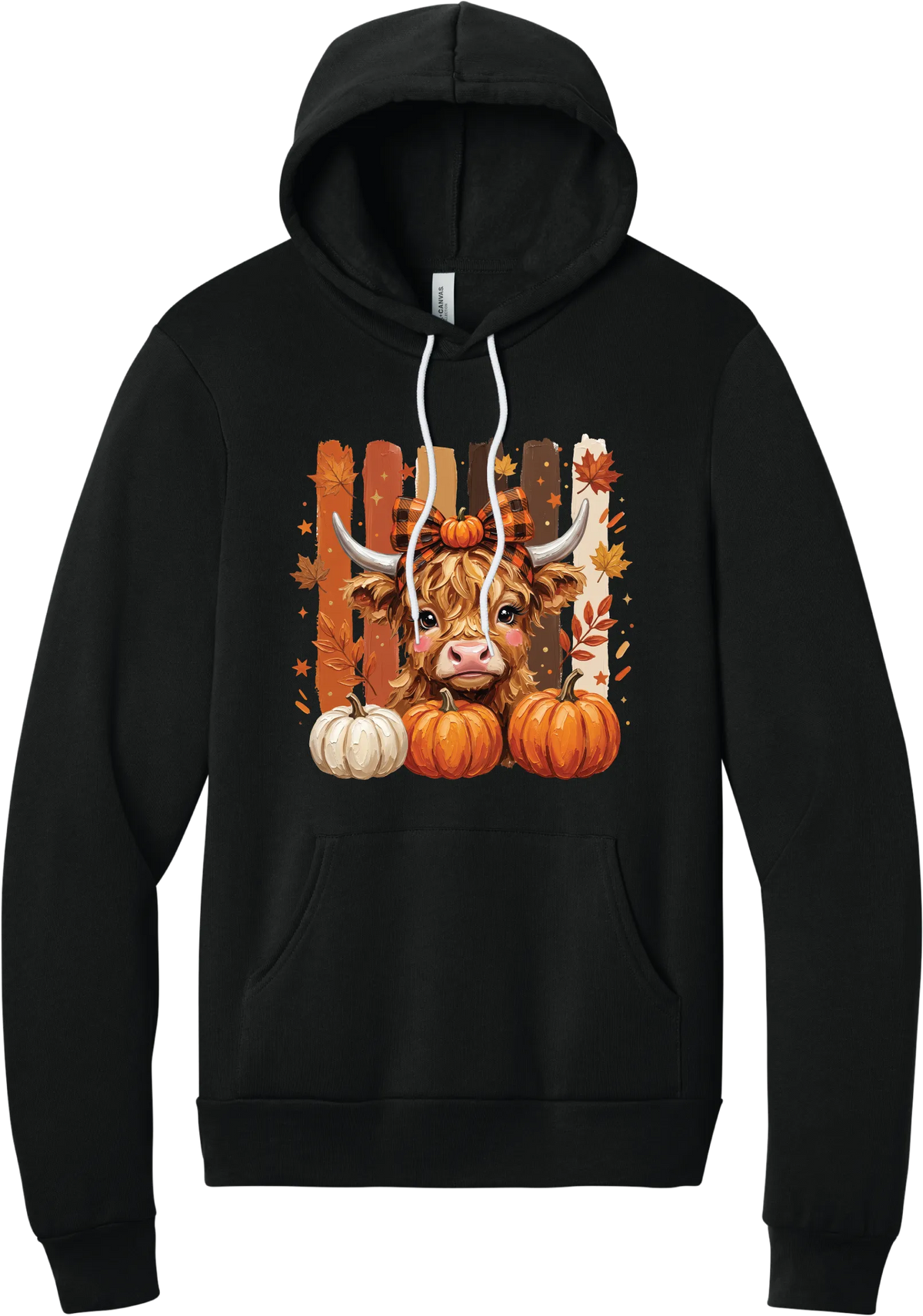 Highland Cozy hoodie in Black, featuring a fluffy highland cow calf in a buffalo check bow with pumpkins and painted autumn stripes