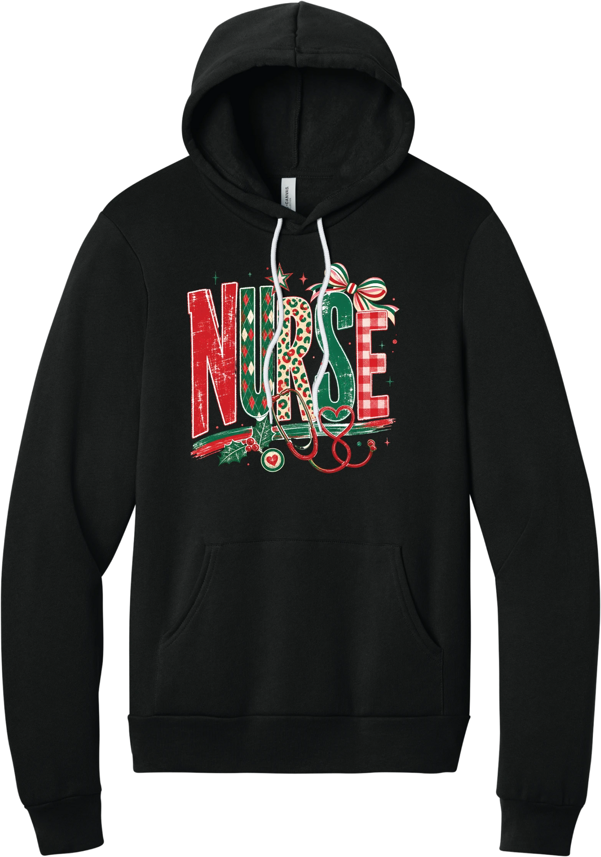 Holiday Nurse Stethoscope hoodie in Black, featuring patterned NURSE letters in red and green argyle, leopard, and gingham with a striped bow, holly, and a red heart stethoscope