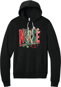 Holiday Nurse Stethoscope hoodie in Black, featuring patterned NURSE letters in red and green argyle, leopard, and gingham with a striped bow, holly, and a red heart stethoscope