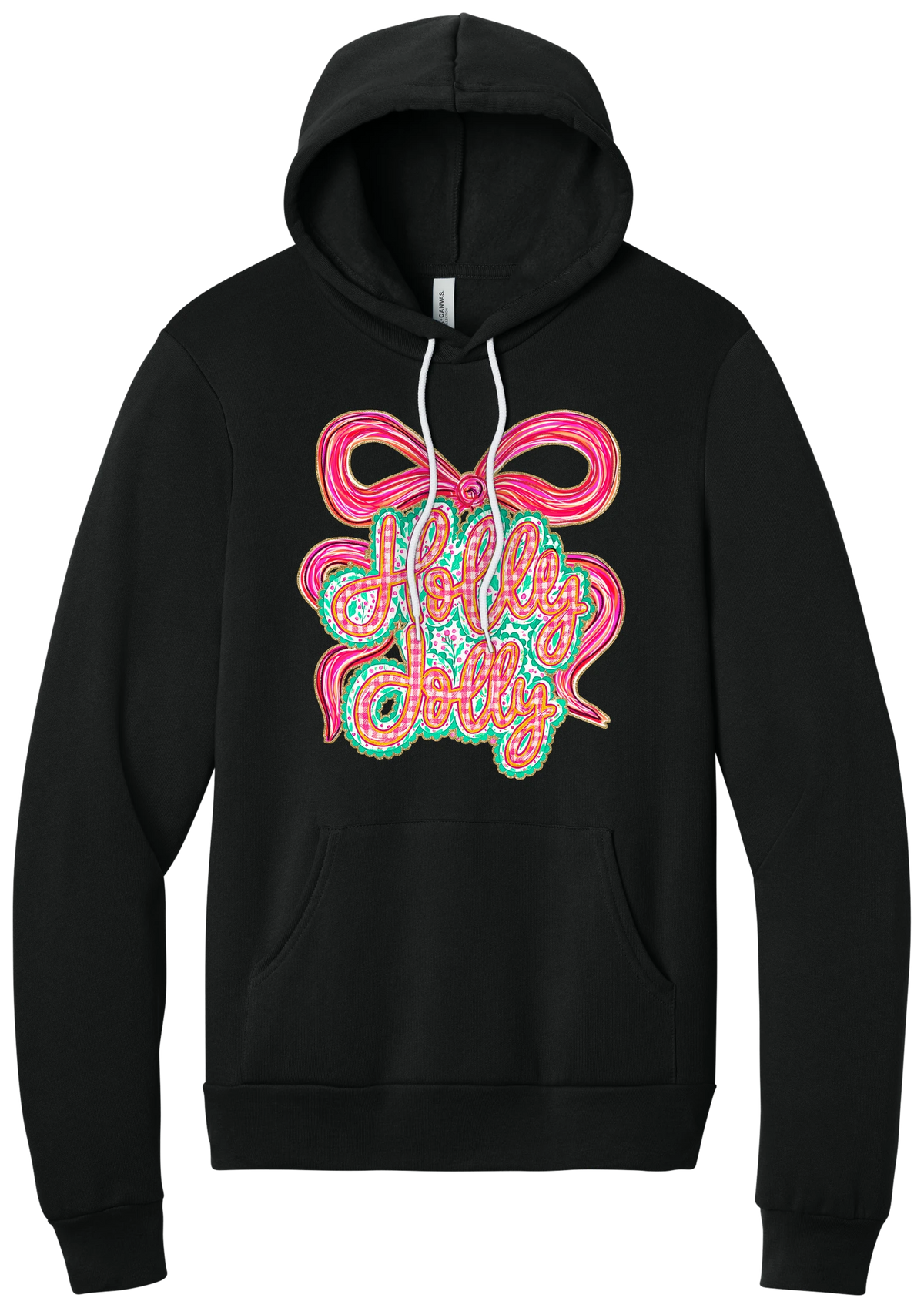 Holly Jolly Bow Script hoodie in Black, featuring pink gingham Holly Jolly script on a teal badge framed by a big pink bow
