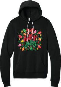 Holly Jolly Christmas Lights hoodie in Black, featuring hand-lettered holly jolly script framed by vintage Christmas bulb lights, pine, holly berries, and a red bow