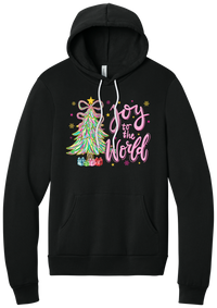 Joy to the World Pastel Tree hoodie in Black, featuring a pastel tinsel tree with a bow beside Joy to the World pink script