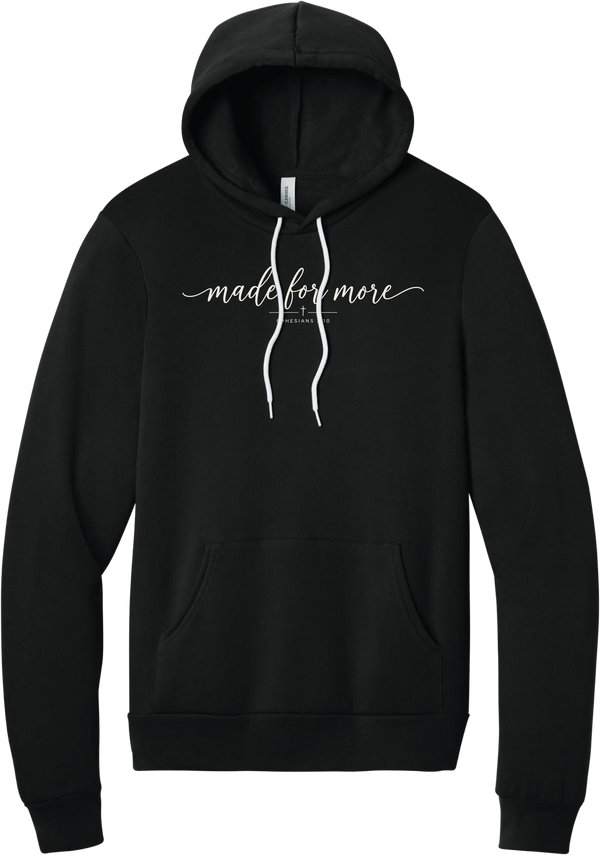 Made for More hoodie in Black, featuring made for more in flowing script with a small cross and Ephesians 2:10