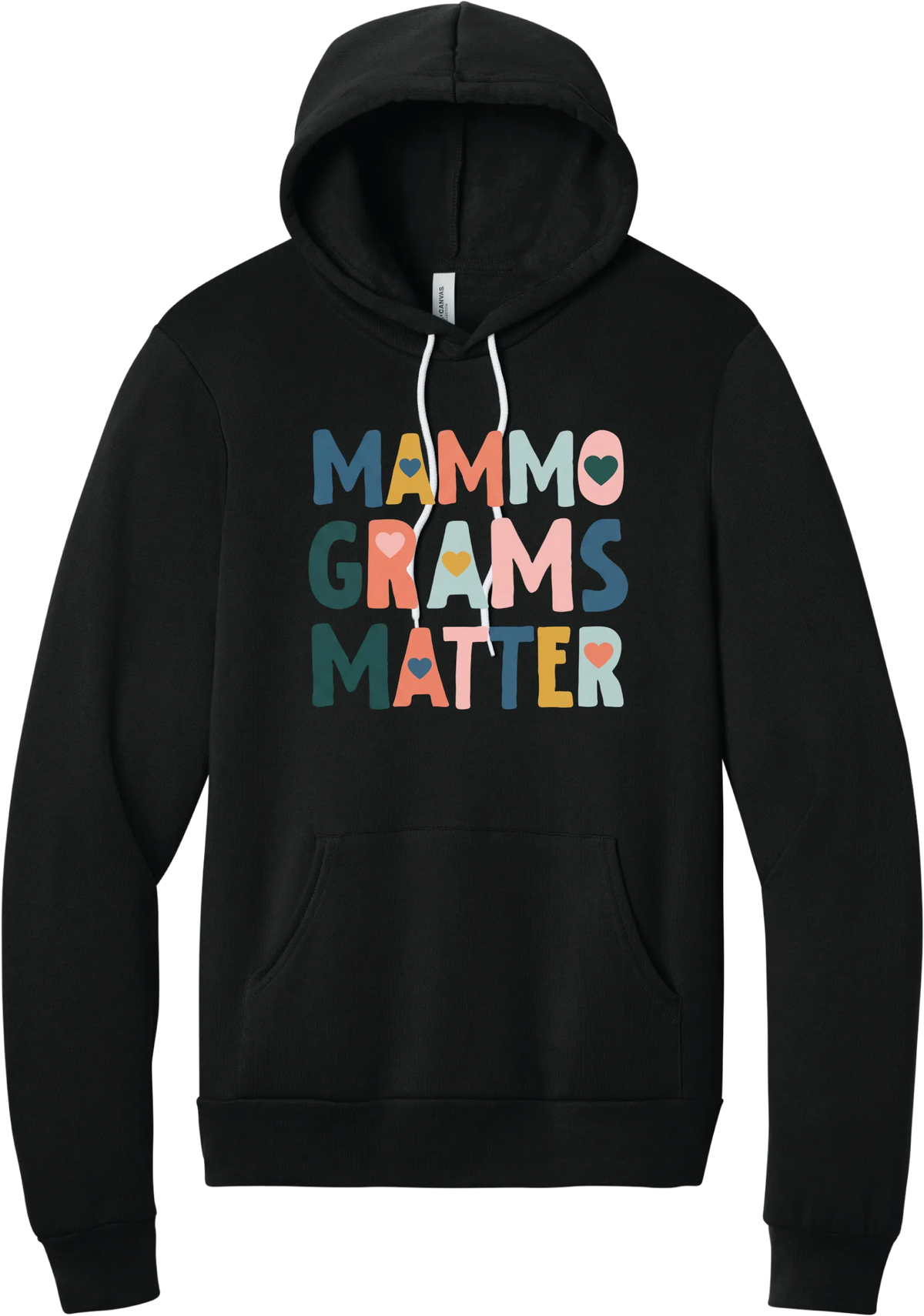 Mammograms Matter hoodie in Black, featuring colorful block letters reading Mammograms Matter with small hearts inside the letters
