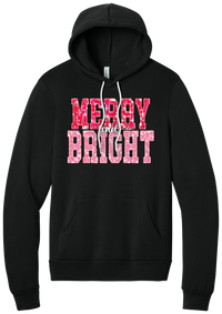 Merry and Bright Sequin hoodie in Black, featuring varsity MERRY and BRIGHT letters with a pink and red sequin look