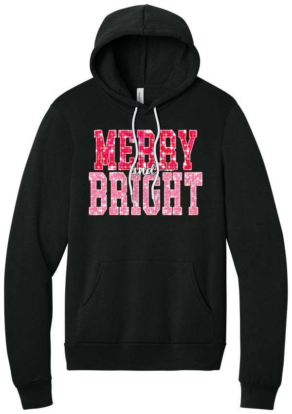 Merry and Bright Sequin hoodie in Black, featuring varsity MERRY and BRIGHT letters with a pink and red sequin look