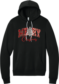 Merry Lace and Pattern Applique hoodie in Black, featuring faux applique MERRY letters in red plaid, snowflake, candy cane, and gingham fabrics with a lace Christmas tree and red script Christmas