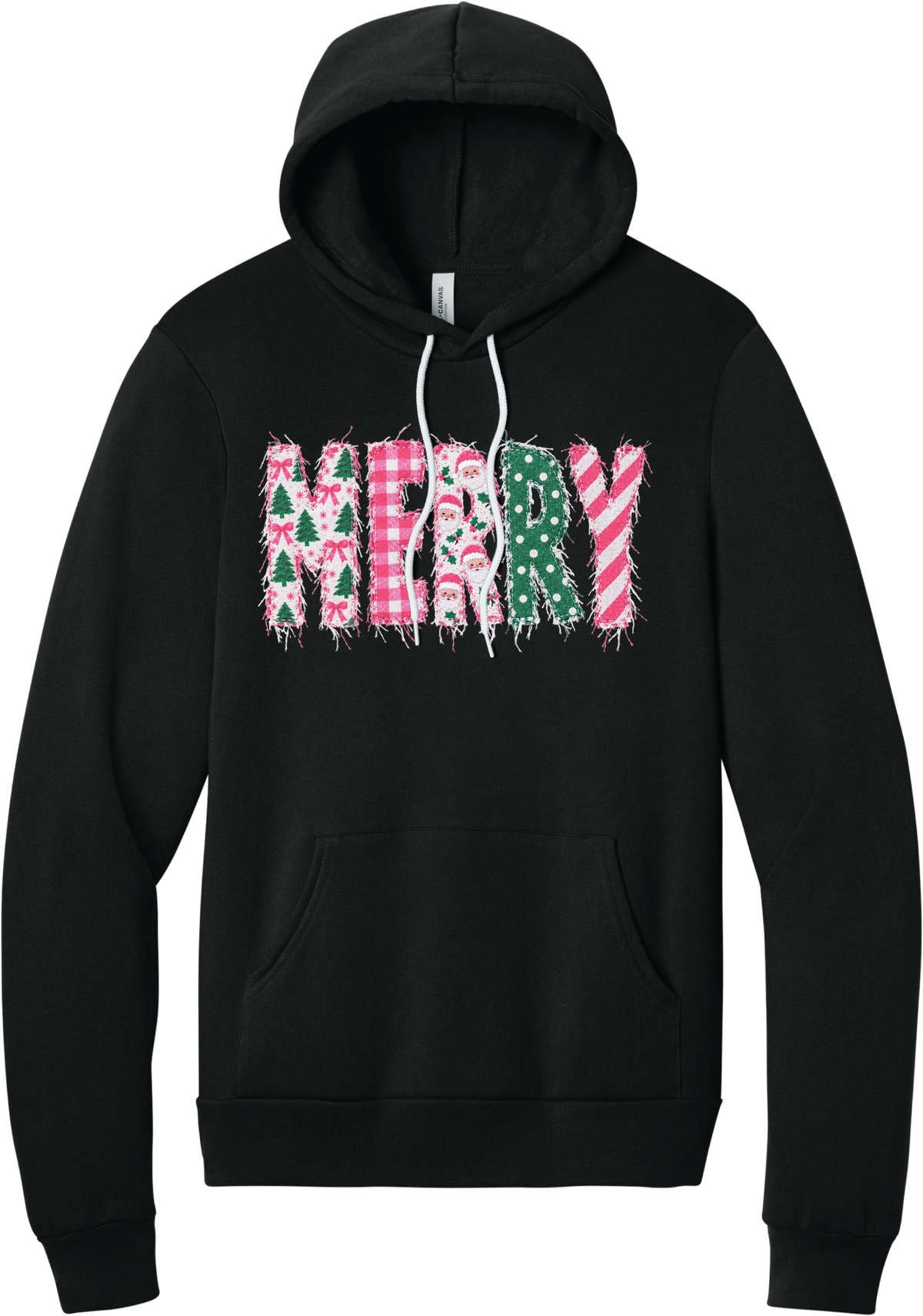 Merry Preppy Applique hoodie in Black, featuring faux applique MERRY letters in pink and green patchwork patterns with trees, gingham, Santas, polka dots, and candy cane stripes