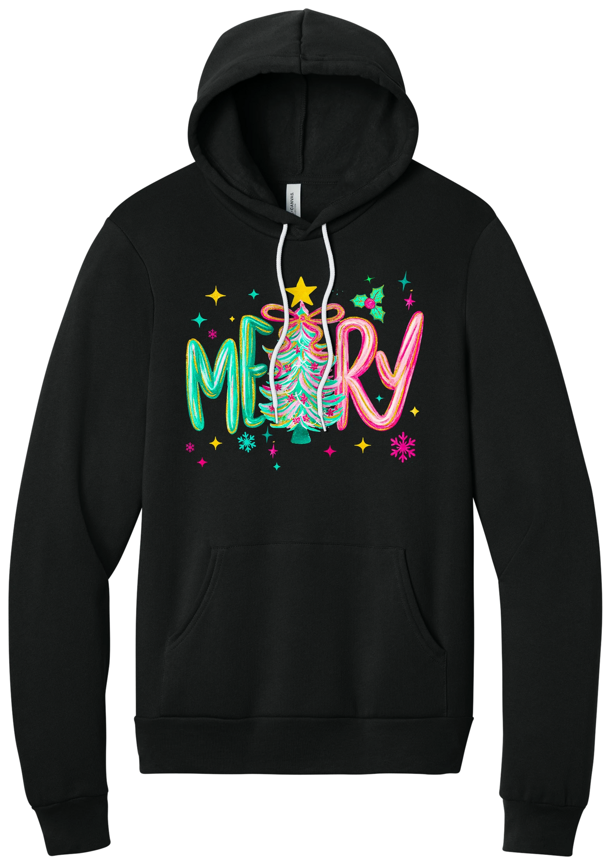 Merry Tinsel Tree hoodie in Black, featuring puffy teal and pink MERRY letters around a tinsel Christmas tree with a gold star