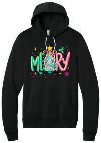 Merry Tinsel Tree hoodie in Black, featuring puffy teal and pink MERRY letters around a tinsel Christmas tree with a gold star