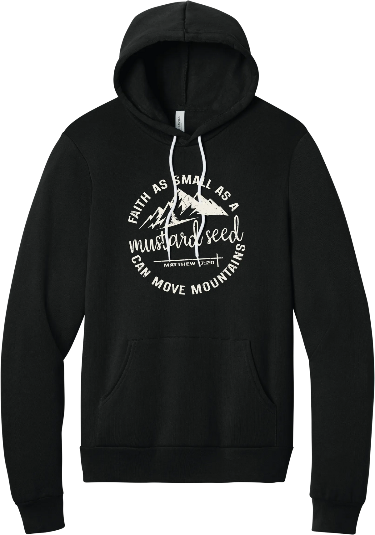 Mustard Seed Faith hoodie in Black, featuring a circle badge of mountains and a cross with Faith as Small as a Mustard Seed Can Move Mountains lettering and Matthew 17:20