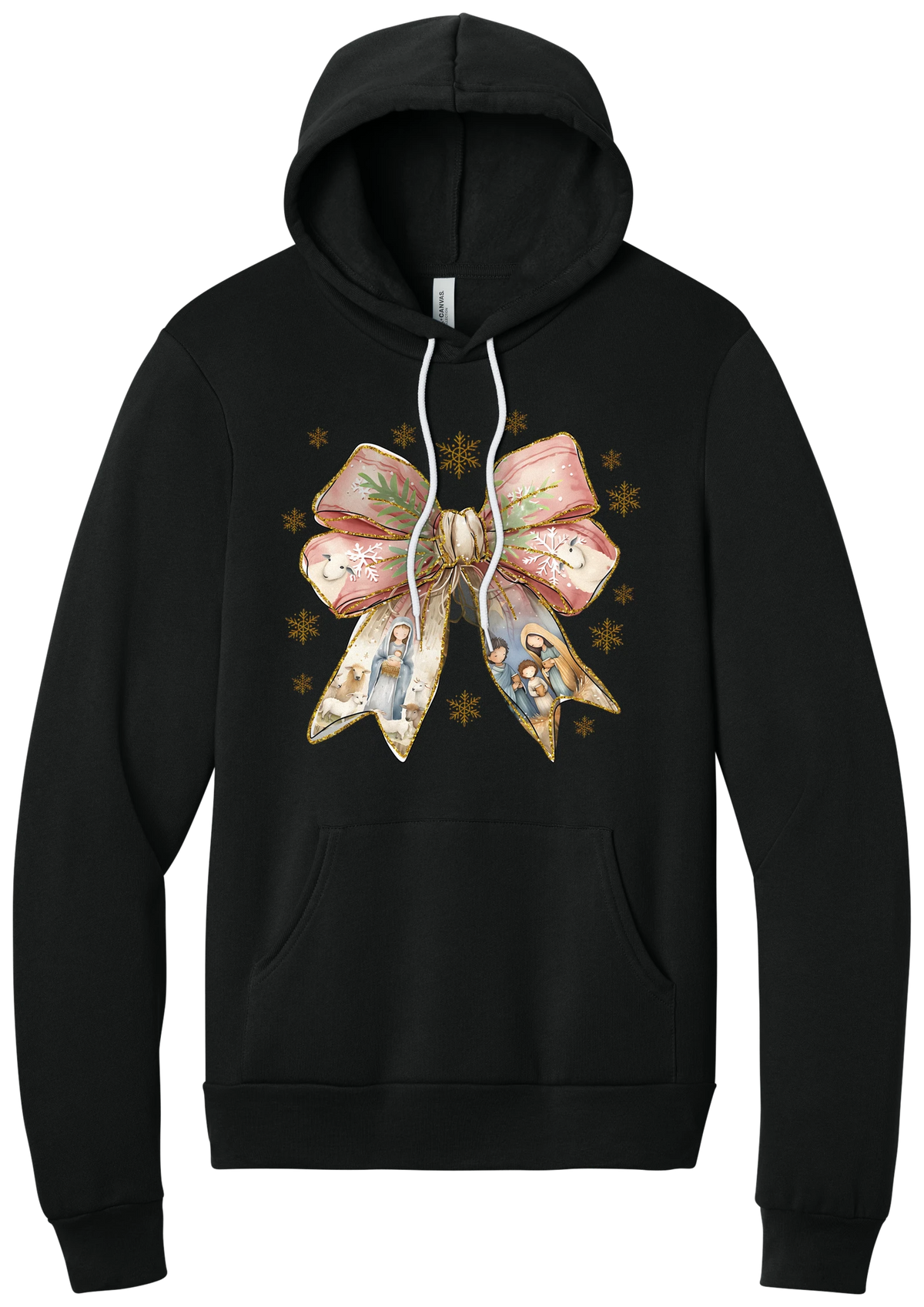 Nativity Bow hoodie in Black, featuring a blush satin bow with painted nativity scenes in its ribbons and gold snowflakes