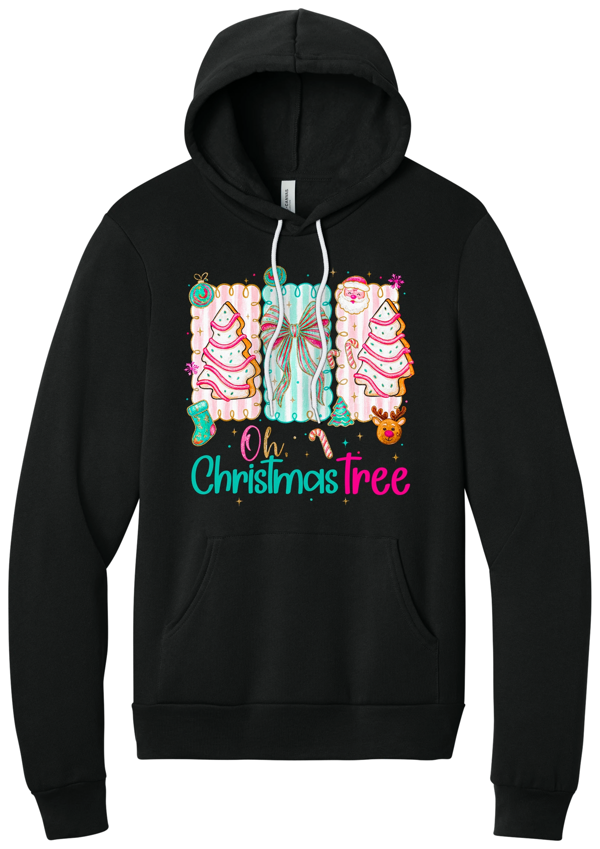 Oh Christmas Tree Cakes hoodie in Black, featuring frosted Christmas tree snack cakes on pink and mint panels over Oh Christmas Tree lettering
