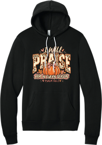 Praise Him Pumpkin hoodie in Black, featuring I Will Praise Him in Every Season in leopard varsity letters with a pumpkin, a pink bow, and Psalm 146:2
