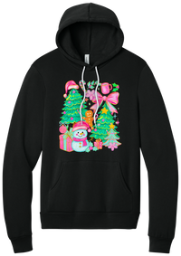 Preppy Christmas Doodle hoodie in Black, featuring a doodle collage of Christmas trees, a snowman, a gingerbread man, gifts, and pink bows