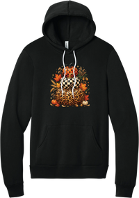 All Stacked Up hoodie in Black, featuring three stacked pumpkins in polka dot, checkerboard, and leopard with autumn leaves