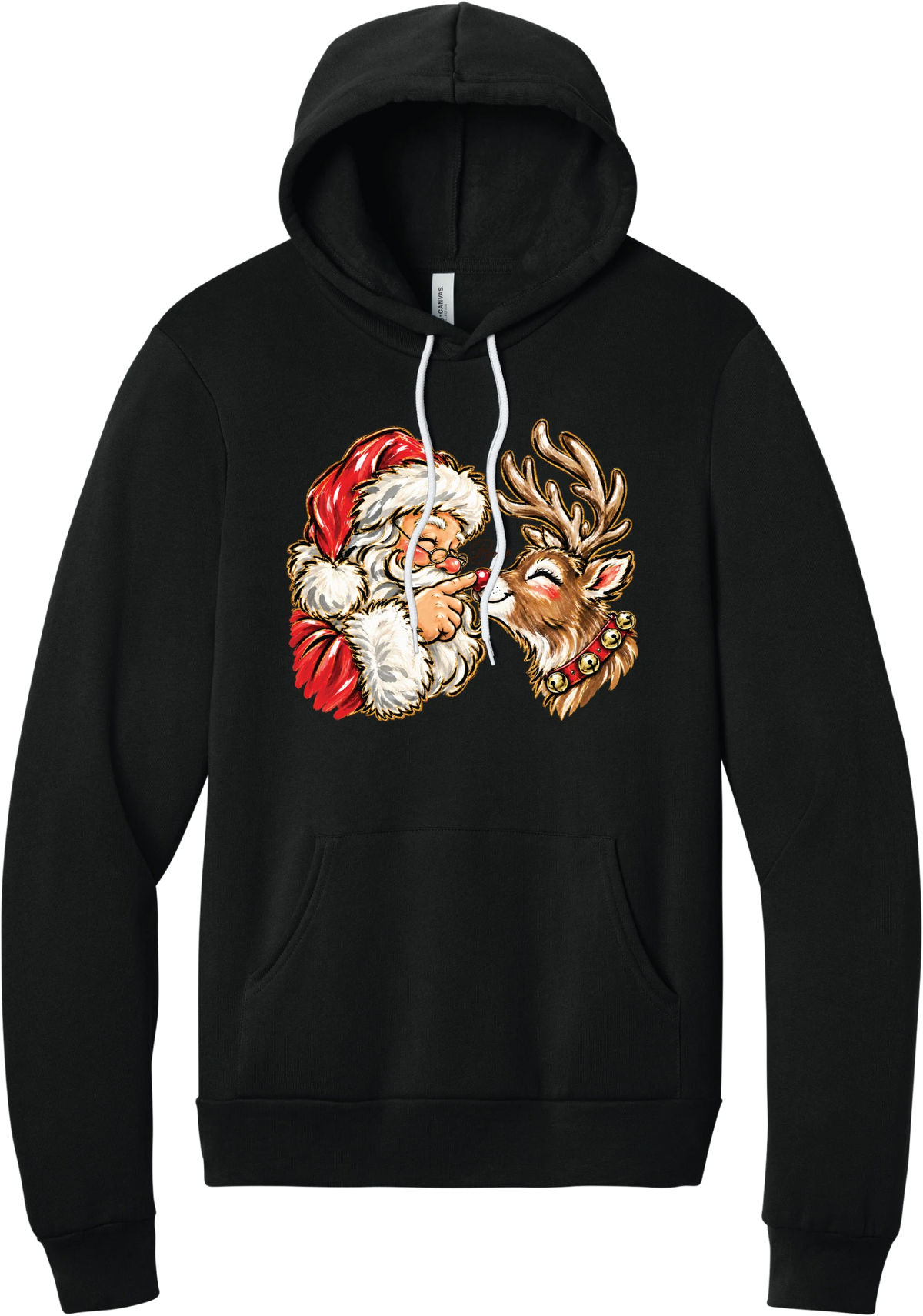 Santa and Rudolph Boop hoodie in Black, featuring a hand-painted vintage Santa booping a smiling reindeer on its red nose