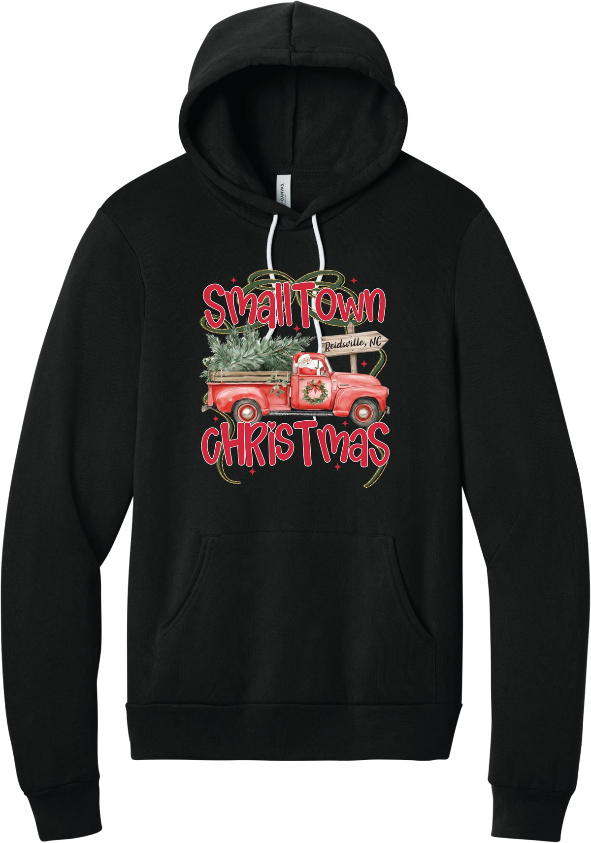 Personalized Small Town Christmas hoodie in Black, featuring Santa in a vintage red pickup truck hauling a Christmas tree past a personalized town road sign, with red Small Town Christmas lettering