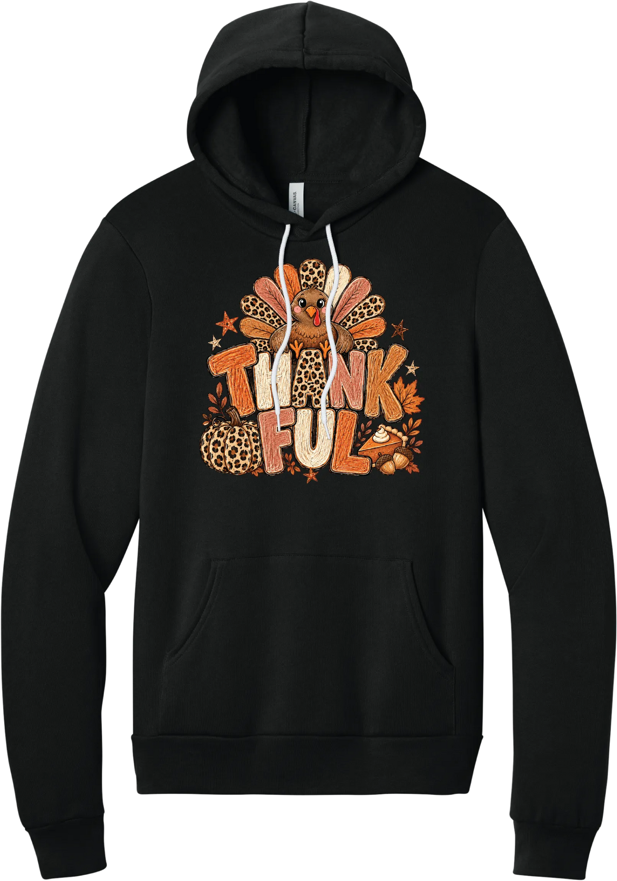 Thankful Leopard Turkey hoodie in Black, featuring a leopard and plaid feathered turkey over the word Thankful, with a leopard pumpkin, pie, and autumn leaves