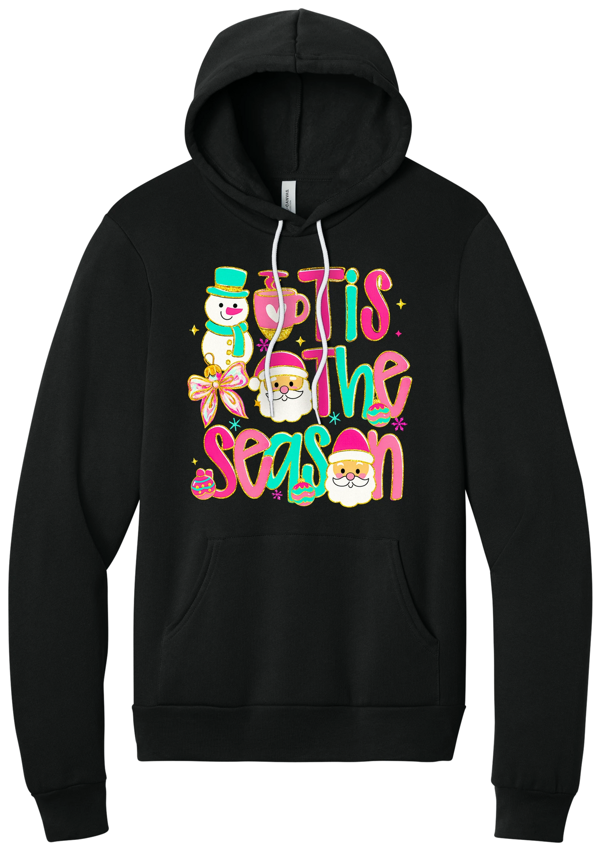 Tis the Season Snowman hoodie in Black, featuring pink and teal TIS THE SEASON letters with a snowman, a cocoa mug, and Santas