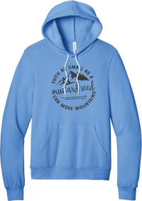Mustard Seed Faith hoodie in Carolina Blue, featuring a circle badge of mountains and a cross with Faith as Small as a Mustard Seed Can Move Mountains lettering and Matthew 17:20
