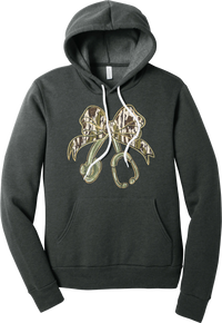 Camo Bow Stethoscope hoodie in Dark Grey Heather, featuring a glittery camo print coquette bow tied to a sage green stethoscope