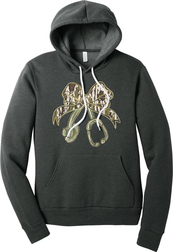Camo Bow Stethoscope hoodie in Dark Grey Heather, featuring a glittery camo print coquette bow tied to a sage green stethoscope