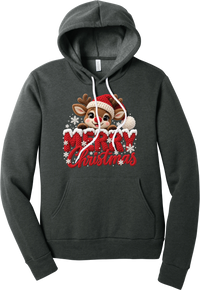 Crocheted Rudolph Merry Christmas hoodie in Dark Grey Heather, featuring a crochet-style reindeer in a Santa hat peeking over knit-texture Merry Christmas lettering with snowflakes