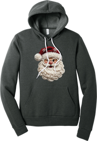Crocheted Santa hoodie in Dark Grey Heather, featuring a yarn-textured Santa face with a chunky cream beard, round glasses, and a red knit hat with snowflakes and a pom-pom